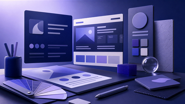 Estúdio criativo com painéis de design, website e paleta de cores em azul