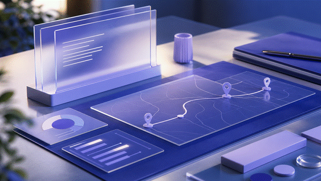 Planejamento estratégico digital em mesa azul com rotas e painéis
